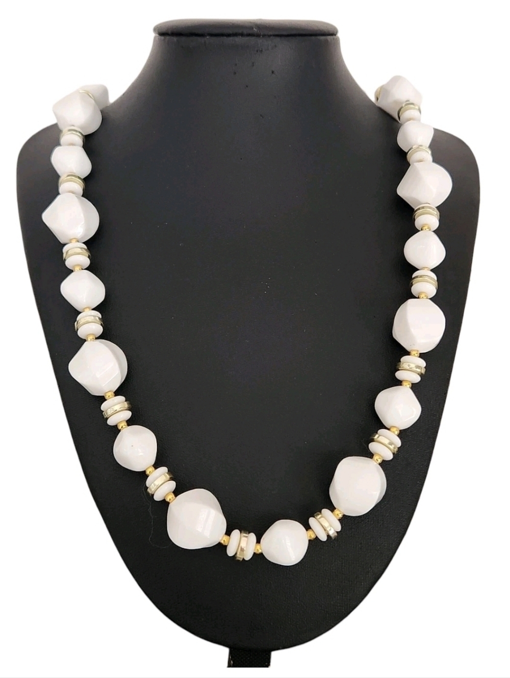 Vintage White Acrylic Irregular Beads Necklace Gold Tone Spacers Beaded 25"